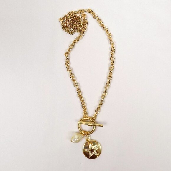new in box! charm necklace link chain toggle clasp pearl disc star pendant - Picture 4 of 7